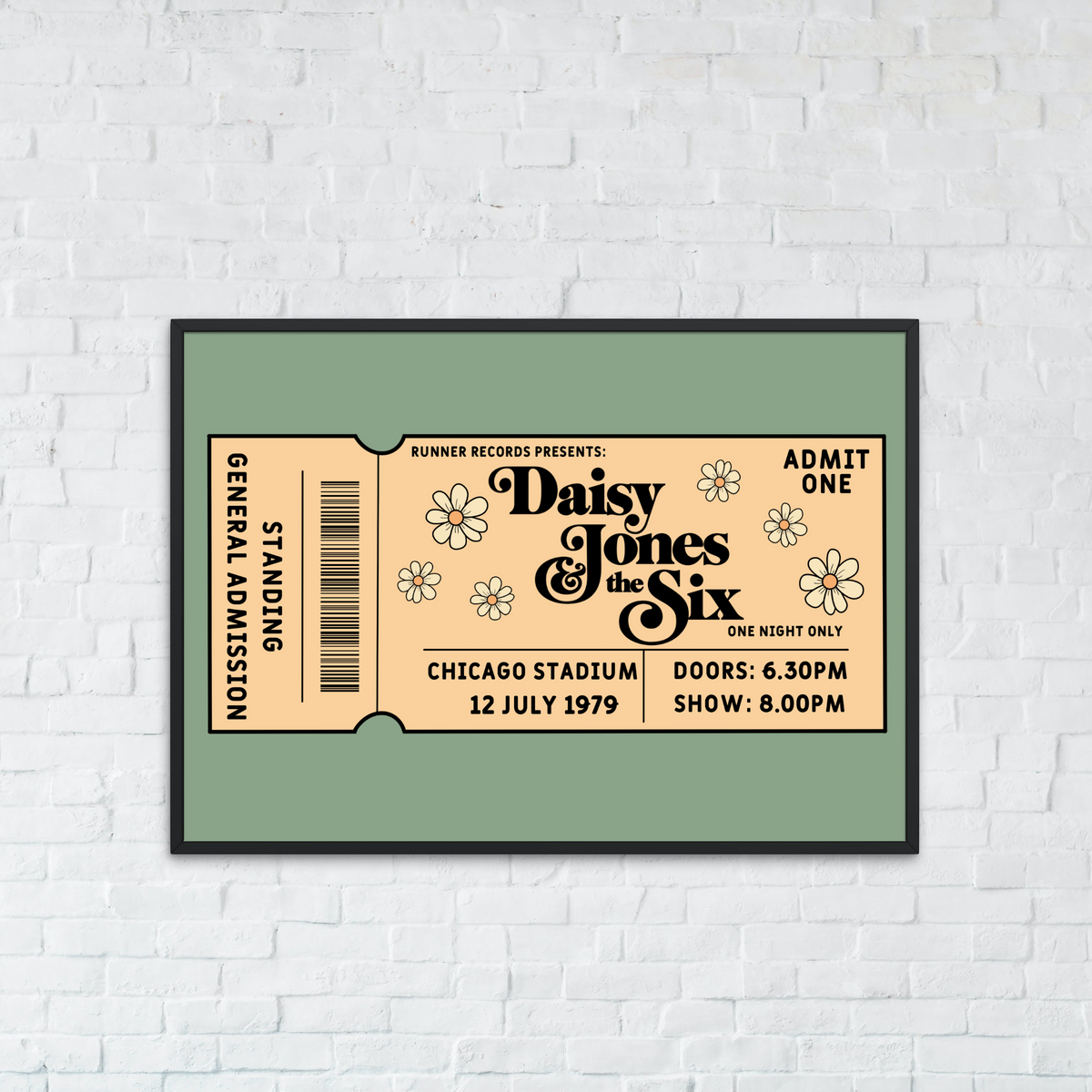 A framed retro concert ticket wall art print featuring Daisy Jones and the Six, hung on a white brick wall above a teal sofa.